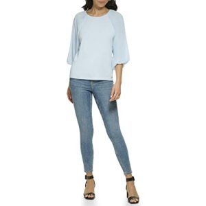 calvin klein women's loose fitted matte jersey mixed media lantern sleeve blouse, cashmere blue