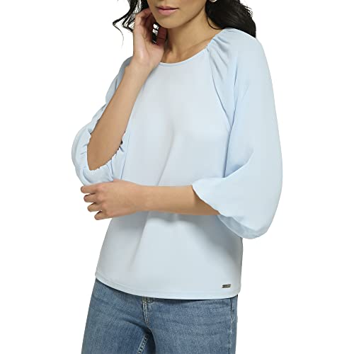 Calvin Klein Women's Loose Fitted Matte Jersey Mixed Media Lantern Sleeve Blouse, Cashmere Blue
