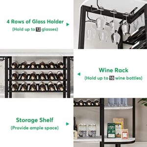 Litter Tree 18 Bottles Modern Wine Rack Table Holds up to 12 Wine Glasses, Freestanding Liquor Bar Cabinet with Wine Storage for Home Bar, Liquor Buffet Table, White