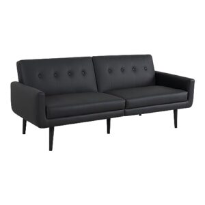 naomi home monica leather futon sofa, convertible couch bed, split back premium faux leather sleeper couch sofa for living room, mid century modern fold out couch bed with tapered legs black