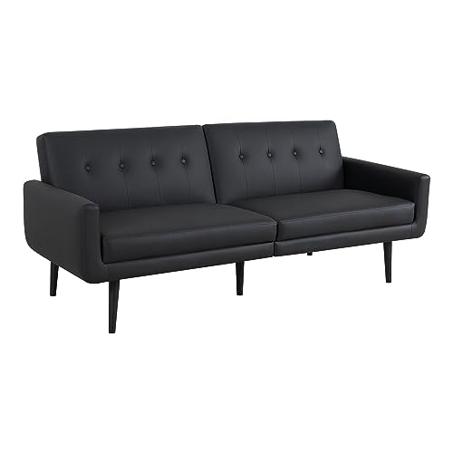 Naomi Home Monica Leather Futon Sofa, Convertible Couch Bed, Split Back Premium Faux Leather Sleeper Couch Sofa for Living Room, Mid Century Modern Fold Out Couch Bed with Tapered Legs Black