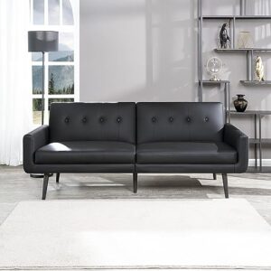 Naomi Home Monica Leather Futon Sofa, Convertible Couch Bed, Split Back Premium Faux Leather Sleeper Couch Sofa for Living Room, Mid Century Modern Fold Out Couch Bed with Tapered Legs Black