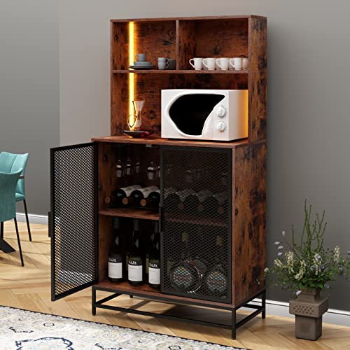 Auromie Wine Bar Cabinet with LED Lights, 4-Tier Coffee Bar Cabinets with Storage Shelves, Industrial Kitchen Storage Cabinet with Wine Rack, Freestanding Liquor Cabinet with Glass Holder, Rustic