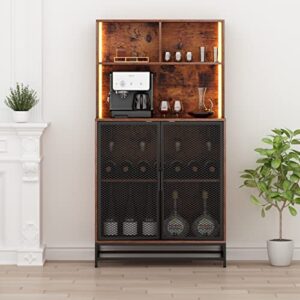 Auromie Wine Bar Cabinet with LED Lights, 4-Tier Coffee Bar Cabinets with Storage Shelves, Industrial Kitchen Storage Cabinet with Wine Rack, Freestanding Liquor Cabinet with Glass Holder, Rustic