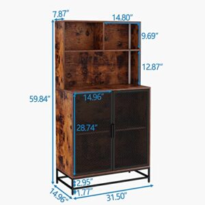 Auromie Wine Bar Cabinet with LED Lights, 4-Tier Coffee Bar Cabinets with Storage Shelves, Industrial Kitchen Storage Cabinet with Wine Rack, Freestanding Liquor Cabinet with Glass Holder, Rustic