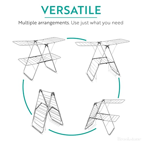 Brookstone – Extra Large – Double Spaced - 2 Tier Collapsible Clothes Drying Rack, Indoor/Outdoor Folding Hanging Garment Stand [NO Assembly - Ready Out of The Box]