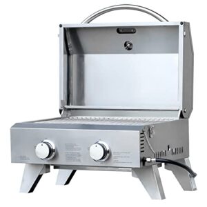 portable gas grill with two 10,000 btu burners & carry case | small bbq grill | electric ignition | carry bag included | foldable legs | built-in thermometer | connector hose with regulator included