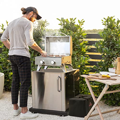 Portable Gas Grill with Two 10,000 BTU Burners & Carry Case | Small BBQ Grill | Electric Ignition | Carry Bag Included | Foldable Legs | Built-In Thermometer | Connector Hose with Regulator Included