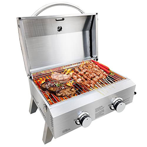 Portable Gas Grill with Two 10,000 BTU Burners & Carry Case | Small BBQ Grill | Electric Ignition | Carry Bag Included | Foldable Legs | Built-In Thermometer | Connector Hose with Regulator Included