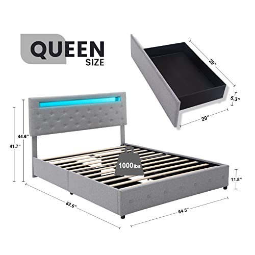 HOMFAMILIA Queen Bed Frame with Headboard and Drawers, LED Bed Frame with Adjustable Storage & LED Lights Headboard, Upholstered Platform Bed with 2 USB Ports, No Box Spring Needed, Light Grey