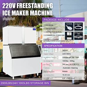 HPDAVV Commercial Ice Maker 2000lbs/24H 220V 1003lbs Ice Storage Capacity Automatic Cleaning Ice Machine Professional Refrigeration Equipment