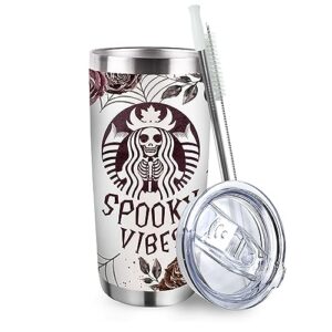 zzkol halloween spooky vibes skeleton tumbler with lid and straw, rose flower skull ghost spider web stainless steel travel coffee cup, 20oz gothic double wall vacuum insulated mug halloween gifts