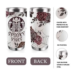 Zzkol Halloween Spooky Vibes Skeleton Tumbler with Lid and Straw, Rose Flower Skull Ghost Spider Web Stainless Steel Travel Coffee Cup, 20oz Gothic Double Wall Vacuum Insulated Mug Halloween Gifts