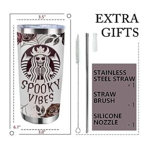 Zzkol Halloween Spooky Vibes Skeleton Tumbler with Lid and Straw, Rose Flower Skull Ghost Spider Web Stainless Steel Travel Coffee Cup, 20oz Gothic Double Wall Vacuum Insulated Mug Halloween Gifts