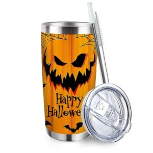 zzkol happy halloween jack o lantern tumbler with lid and straw, pumpkin bat spider web stainless steel travel coffee cup, 20oz funny fall autumn double wall vacuum insulated mug halloween gifts