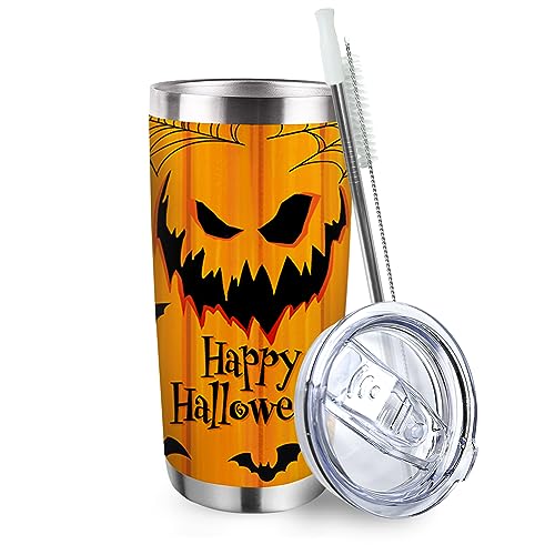 Zzkol Happy Halloween Jack O Lantern Tumbler with Lid and Straw, Pumpkin Bat Spider Web Stainless Steel Travel Coffee Cup, 20oz Funny Fall Autumn Double Wall Vacuum Insulated Mug Halloween Gifts