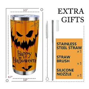 Zzkol Happy Halloween Jack O Lantern Tumbler with Lid and Straw, Pumpkin Bat Spider Web Stainless Steel Travel Coffee Cup, 20oz Funny Fall Autumn Double Wall Vacuum Insulated Mug Halloween Gifts