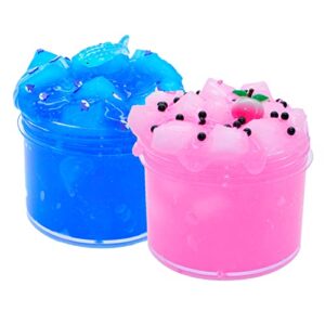 2 piece kit jelly cube crunchy slime, pink peach and blue sea animal super soft non-stick, birthday gift slime party