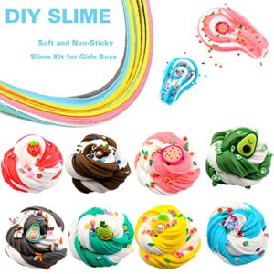 Butter Fruit Slime Kit for Girls 8 Pack, Stretchy and Non-Sticky, Slime Party Favors for Kids, with Strawberry Cherry Slime Cute Charms etc, Stress Relief Putty Toys for Kids, Cute Stuff for Girls