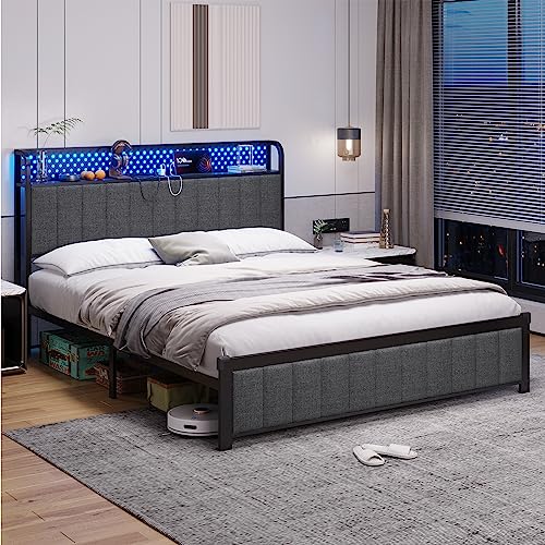 BTHFST Queen LED Bed Frame with Storage Headboard, Upholstered Metal Platform Bed Frame with USB Ports & Charging Outlets, No Squeak, Verticle Channel Tufting, Dark Gray