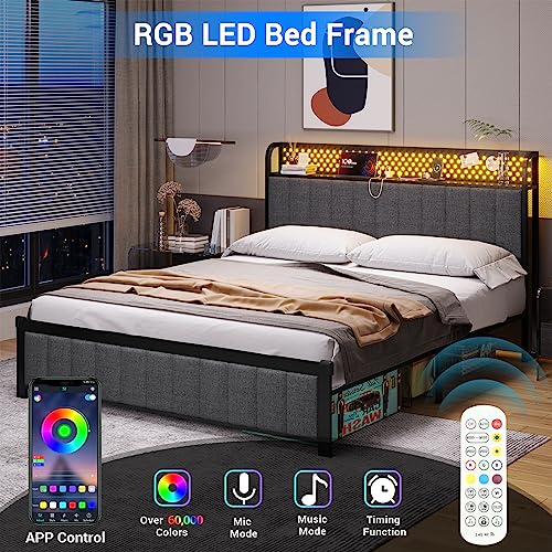 BTHFST Queen LED Bed Frame with Storage Headboard, Upholstered Metal Platform Bed Frame with USB Ports & Charging Outlets, No Squeak, Verticle Channel Tufting, Dark Gray