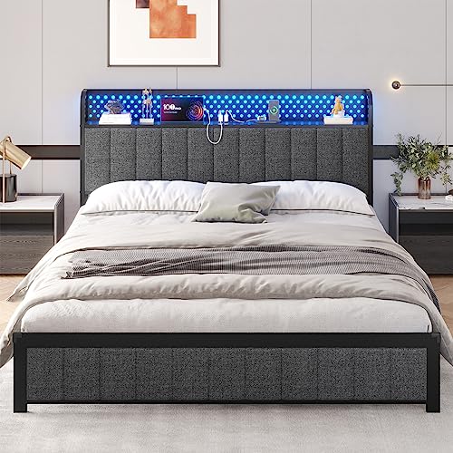 BTHFST Queen LED Bed Frame with Storage Headboard, Upholstered Metal Platform Bed Frame with USB Ports & Charging Outlets, No Squeak, Verticle Channel Tufting, Dark Gray