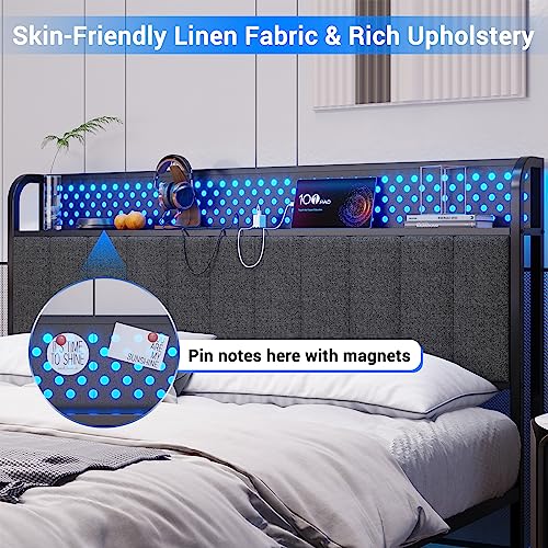 BTHFST Queen LED Bed Frame with Storage Headboard, Upholstered Metal Platform Bed Frame with USB Ports & Charging Outlets, No Squeak, Verticle Channel Tufting, Dark Gray