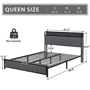 BTHFST Queen LED Bed Frame with Storage Headboard, Upholstered Metal Platform Bed Frame with USB Ports & Charging Outlets, No Squeak, Verticle Channel Tufting, Dark Gray