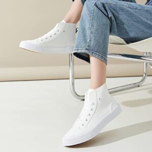 Moudki PU Leather High Top Sneakers for Women, Black and White Casual High Top Shoes, Lace up Women's Fashion Sneakers (Water Resistant)(White,US10.5)