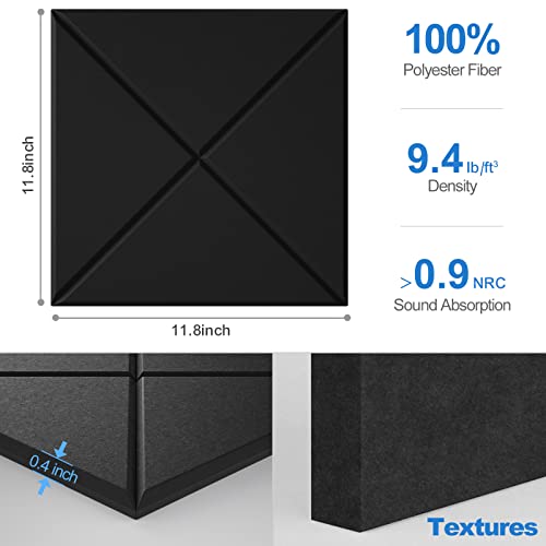 Sonicism 20 Pack X-Lined Acoustic Panels with Self-Adhesive, 12" X 12" X 0.4" Sound Proof Foam Panels, Decorative Soundproof Wall Panels, Sound Absorbing Tile for Home & Offices,Black