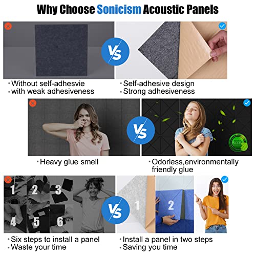 Sonicism 20 Pack X-Lined Acoustic Panels with Self-Adhesive, 12" X 12" X 0.4" Sound Proof Foam Panels, Decorative Soundproof Wall Panels, Sound Absorbing Tile for Home & Offices,Black