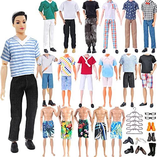 28 Pcs Doll Clothes and Accessories for Ken Doll, 11.5 Inch Doll Outfit Including 1 Casual Set 1 Shirt 1 T-Shirt 2 Vest 5 Cotta 7 Shorts 1 Glasses 5 Coat Hanger 2 Shoes for Girls Birthday Gifts