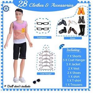 28 Pcs Doll Clothes and Accessories for Ken Doll, 11.5 Inch Doll Outfit Including 1 Casual Set 1 Shirt 1 T-Shirt 2 Vest 5 Cotta 7 Shorts 1 Glasses 5 Coat Hanger 2 Shoes for Girls Birthday Gifts