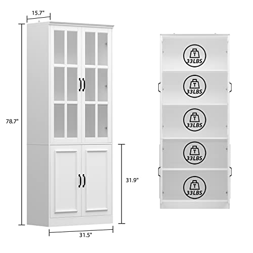 Homsee Tall Bookcase Bookshelf with 5-Tier Shelves & 2 Glass Doors, Wooden Display Storage Cabinet for Home Office, Living Room, White (31.5”W x 15.7”D x 78.7”H)