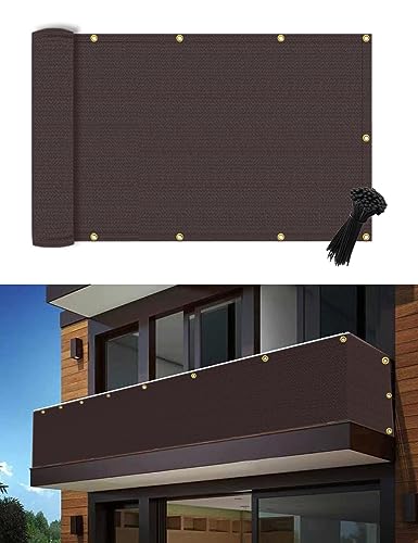 POYEE 3'×10' Brown Balcony Privacy Screen Fence Cover UV Protection Weather Resistant Waterproof Shade Cloth for Outdoor Patio Apartment Backyard Porch Deck Railing with Zip Ties