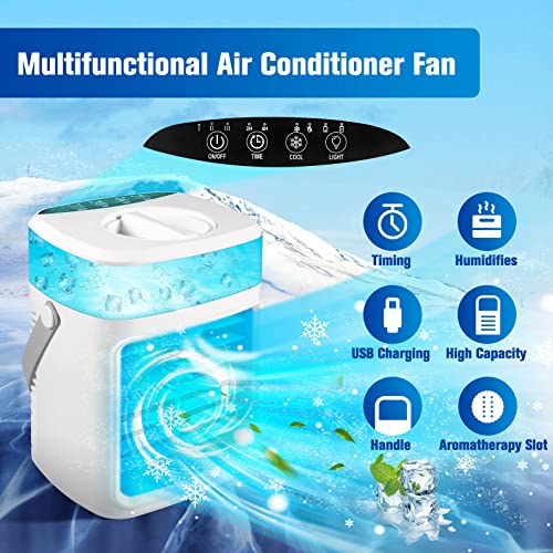 Mini Air Conditioner, Rechargeable 3 Speeds 450ML Water Tank Room Evaporative Air Cooler with Timer, Aromatherapy Notch, Spray Function, Personal Air Conditioner for Bedroom, Office, Desk