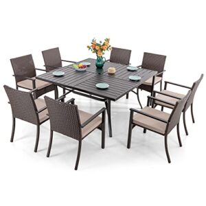 sophia & william 9 pieces patio dining set for 8, outdoor dining furniture with 1 x-large e-coating square metal table and 8 rattan chairs with cushions, outdoor table & chairs for deck porch backyard