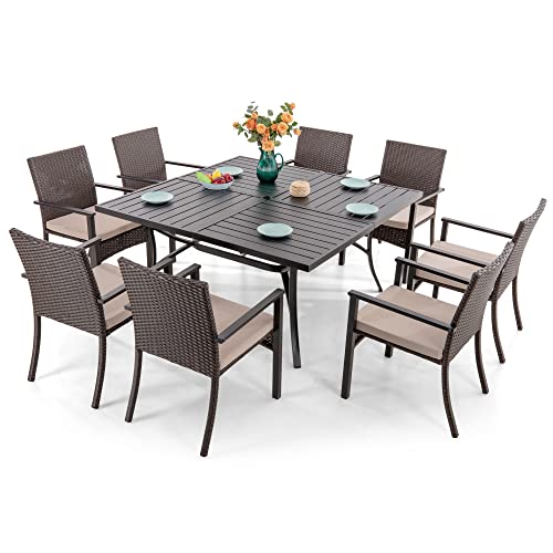 Sophia & William 9 Pieces Patio Dining Set for 8, Outdoor Dining Furniture with 1 X-large E-coating Square Metal Table and 8 Rattan Chairs with Cushions, Outdoor Table & Chairs for Deck Porch Backyard