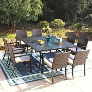 Sophia & William 9 Pieces Patio Dining Set for 8, Outdoor Dining Furniture with 1 X-large E-coating Square Metal Table and 8 Rattan Chairs with Cushions, Outdoor Table & Chairs for Deck Porch Backyard