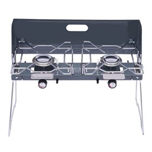 gas camping stove, 20,000 btu portable 2 burner stovetop, stainless steel gas cooker with foldable floor stand for camping and outdoor paito rv cooking