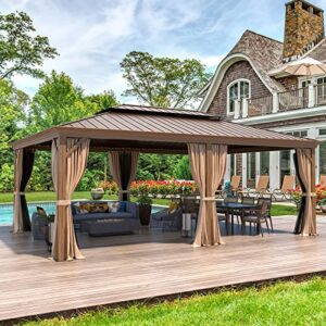 mellcom 14' x 20' hardtop gazebo, wooden finish coated aluminum frame gazebo with galvanized steel double roof, brown metal gazebo with curtains and nettings for patios, gardens, lawns