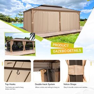 MELLCOM 14' x 20' Hardtop Gazebo, Wooden Finish Coated Aluminum Frame Gazebo with Galvanized Steel Double Roof, Brown Metal Gazebo with Curtains and Nettings for Patios, Gardens, Lawns