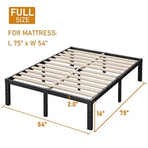 Cleaniago Full Size Bed Frame, Extra Sturdy and 3" Wide Wooden Slats with Better Support for Mattress, No Sag, No Slip, No Box Spring Needed, Noise Free, Anti-Slip, Easy Assembly, Black