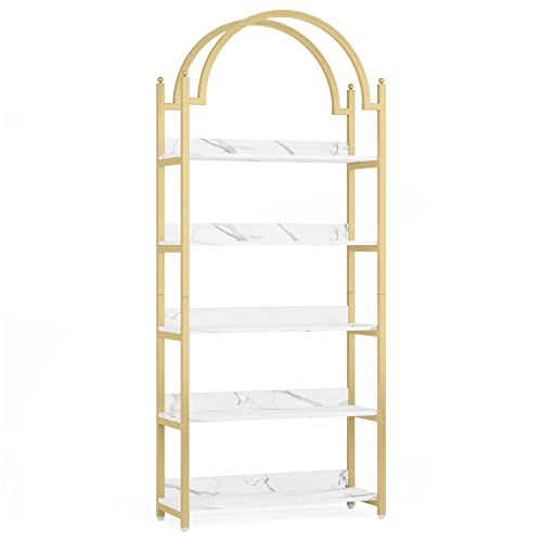 Tribesigns 5-Shelf Gold Etagere Bookcase, Modern Metal Open Arched Bookshelf, 72 Inches Tall Gold Shelves for Living Room, Bedroom(1, White+Gold)