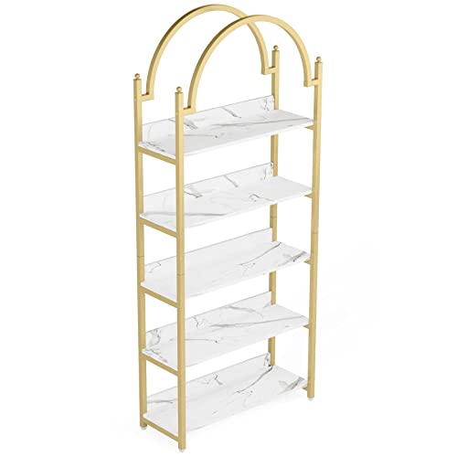 Tribesigns 5-Shelf Gold Etagere Bookcase, Modern Metal Open Arched Bookshelf, 72 Inches Tall Gold Shelves for Living Room, Bedroom(1, White+Gold)