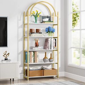 tribesigns 5-shelf gold etagere bookcase, modern metal open arched bookshelf, 72 inches tall gold shelves for living room, bedroom(1, white+gold)