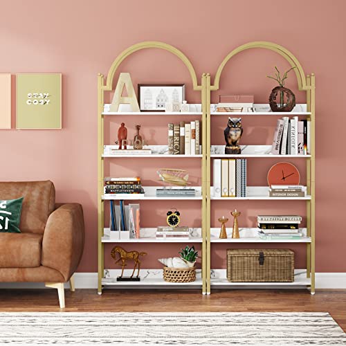 Tribesigns 5-Shelf Gold Etagere Bookcase, Modern Metal Open Arched Bookshelf, 72 Inches Tall Gold Shelves for Living Room, Bedroom(1, White+Gold)