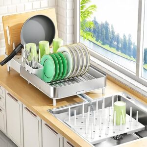 dish drying rack - expandable dish racks - large stainless steel dish drainer for kitchen counter with utensil holder and cup holder, white