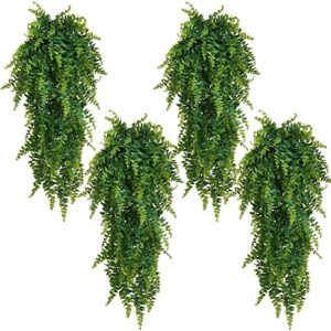 Faux hanging plant,Fake Plants Fake Fern Wall Artificial, Ivy Faux Greenery Plants for Patio Porch Indoor Outdoor UV Resistant Plastic Plants Decor (4 pcs Faux Ferns)