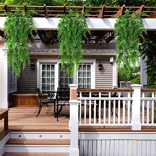 Faux hanging plant,Fake Plants Fake Fern Wall Artificial, Ivy Faux Greenery Plants for Patio Porch Indoor Outdoor UV Resistant Plastic Plants Decor (4 pcs Faux Ferns)